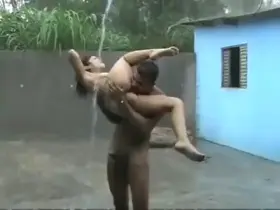 Licking drainpipe water out of her pussy