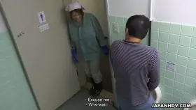 Maki Koizumi works as cleaning staff and fucks a man in a public toilet