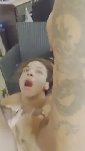 Bubble Butt Ebony Stuffs Two Cocks In Her Mouth