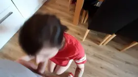 Wife gives a blowjob to her neighbor and takes the cum on her face