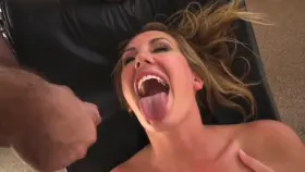 Spraying hot jizz all over her mouth