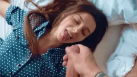 Petite babe wearing dress gets cum on her cute face in POV