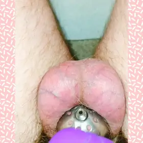 Cumming in chastity with urethral tube by vibrator