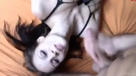 Jerks off on her lustful face