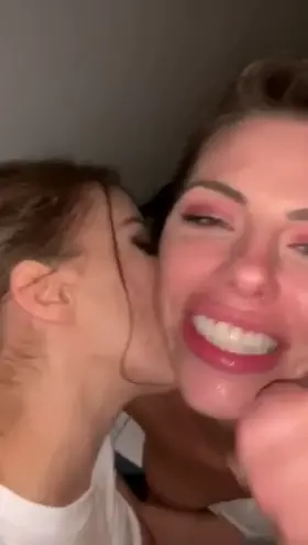 Two hot girls double blowjob and getting cum