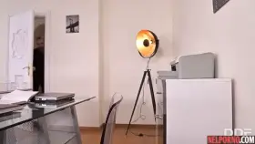 Redhead girl in the office pulled her legs in stockings group sex