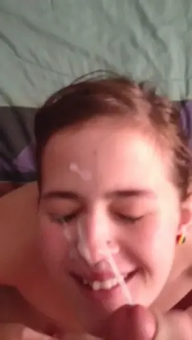 High teen takes a facial after giving me a BJ.