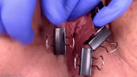 binder clips & pussy lips - and a dildo in my stretched urethra