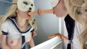 Sucking on your dick while my GF plays with my boobs