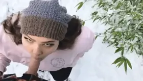 Outside in the snow & getting covered in cum