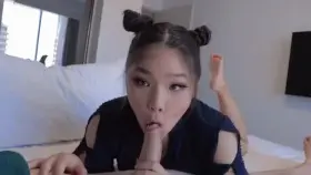 Hot asian girl sucks dick with her soles up