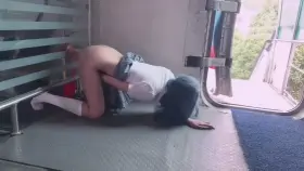 Chinese schoolgirl masturbating on an abandoned olane