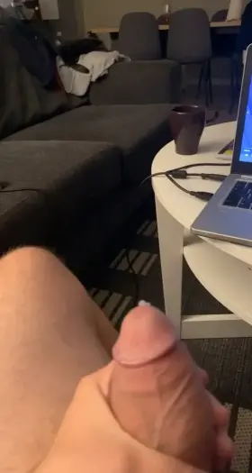 I shoot ropes of cum watching the blowjob on the screen…
