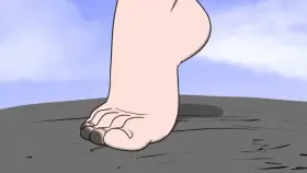 Giantess steps down on a tiny shrinking man with her big bare foot and twists it on him (GIF)