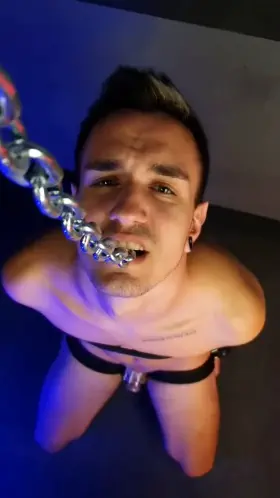 I let him hold a chain with his teeth for more than half an hour. After he got tired, I sat down behind him, put tweezers on his nipples, slapped him and spit in his mouth.😈🔥 He enjoyed it! Follow me and join my world! 🖤🔥