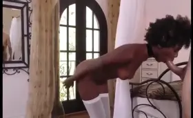 Cute Ebony Gives Standing Blowjob