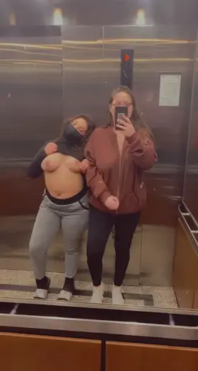 You think we could make you cum before the elevator reaches our floor?