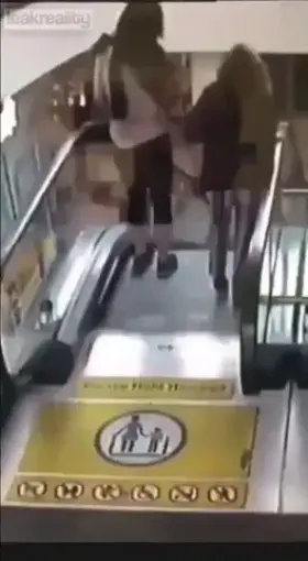 Elderly woman falls down escalator