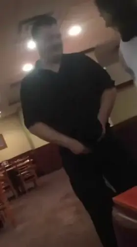 Group of friends convince the waiter at a restaurant to accept a quick dick sucking instead of monetary payment