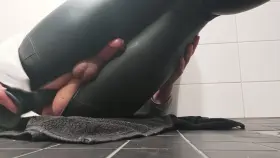 Hands Free cumshot in leather leggings