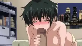 Girl giving blowjob to her boyfriend while teasing herself (Hentai- First Love)