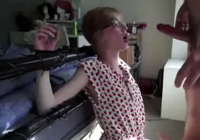 tied up girl, takes his cock all the way down her throat