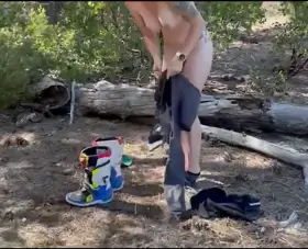Getting dressed after a little break to get naked on the trail ride.