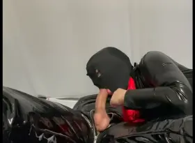 Blowjob in catsuit and ending up naked on the cold floor hogtied tight and gagged