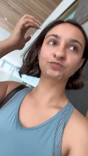 Woman walks around mall with face dripping in cum