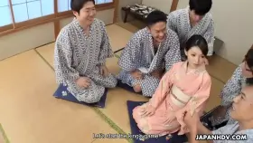 Hikaru Kirishima is in her kimono as the hostess of a drunken office party orgy