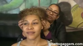 Mother held her daughter head while guys cumming on her head.
