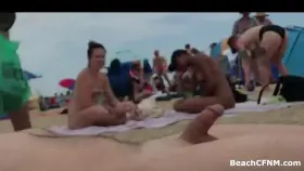 Guy gets erect and hands free ejaculates on beach with two girls shocked, and laughing