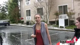 Julie, Lily, and Elizabeth dare each other to expose their breasts outside during a freak Seattle hailstorm