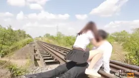 Thai college student riding cock on train tracks