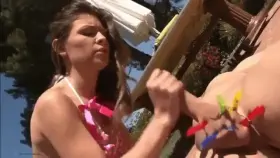 Brunette Femdom Queen giving rough handjob