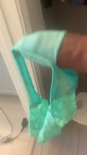 Jerking Off my uncut cock with my wife’s Thong