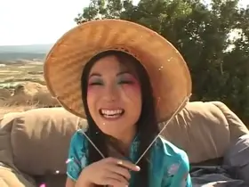 Korean chick wears a cultural outfit while being nailed by 2 white guys