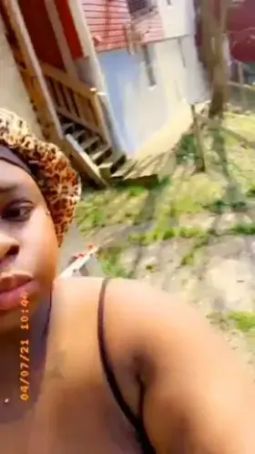 Your naughty ebony neighbor flashing her big tits around houses for the first time. 🙊😋