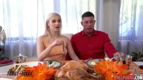 The hunk crushed the big tits of his friends mother and after dinner fucked her in the kitchen