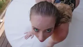 Sexy brunette wearing latex stuff gives sloppy blowjob in POV