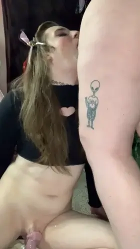 And now we officially start her orgasm from BJ training! This little whore is sitting on a vibrator while im stuffing her throat, isn't it cute how much she's straining in her cage? You can even see some of her precum on her leg, such a pathetic sight!!