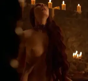 Carice Van Houten riding in Game of Thrones.