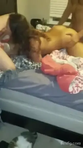 Raunchy brunette whore is screwed bad doggy style while getting face fucked