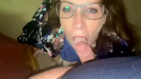 Rubbing cock all over her face!