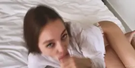 Sexy brunette babe plays with her tight pussy and doing blowjob