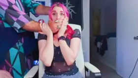 Livestream interrupted by intruder, panties stuffed in mouth, tits abused