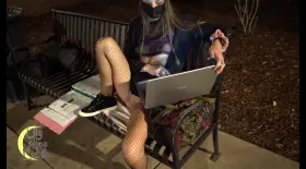 Getting naughty while doing homework outside. So many people were walking by!