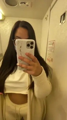 Showing off my chubby body and huge tits in the airplane toilet