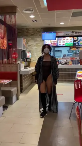 Sheer body Ass & Nipples showing at burger king 👑
