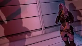 LF Color Source: Mass Effect, nar rayya, 3D, mask, hoddie, 1girl, 1boy, big penis, shocked, shadow, erection, standing, game, animated